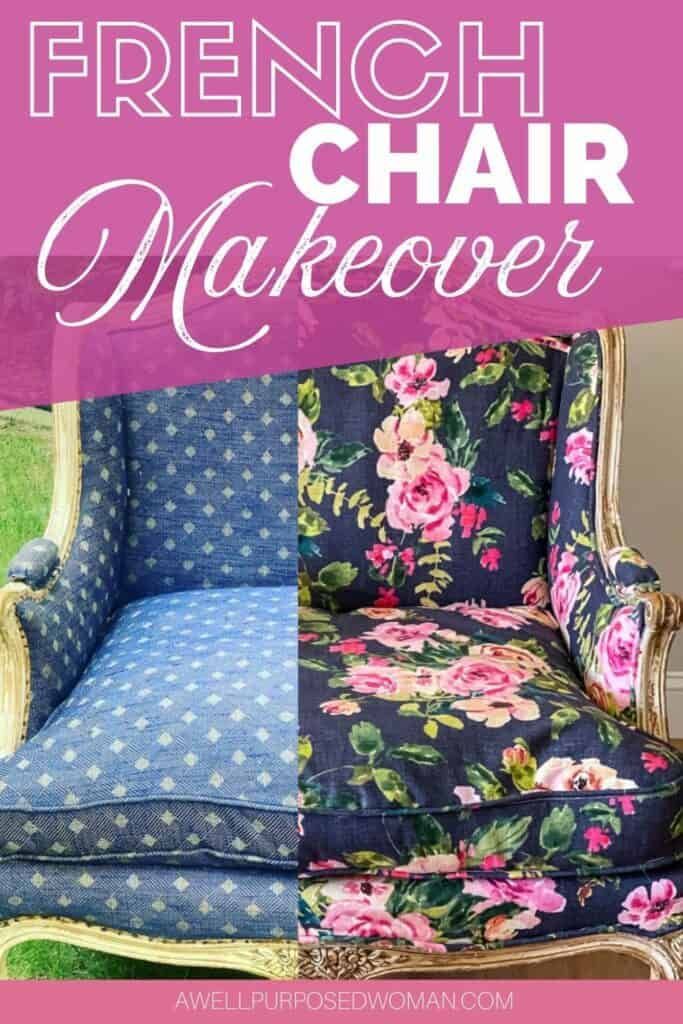 an upholstered chair with flowers on it and the words french chair makeover