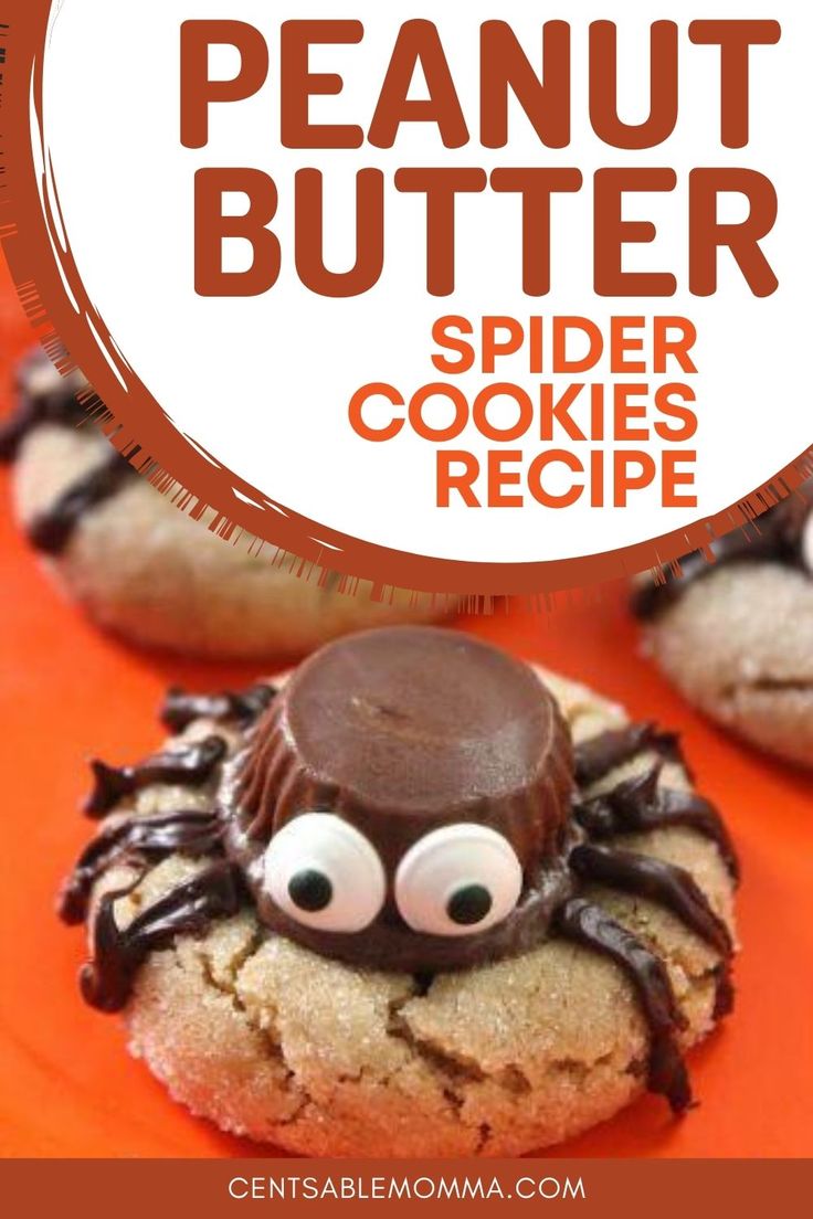 peanut butter spider cookies recipe on an orange plate with the title overlay reads, how to make peanut butter spider cookies