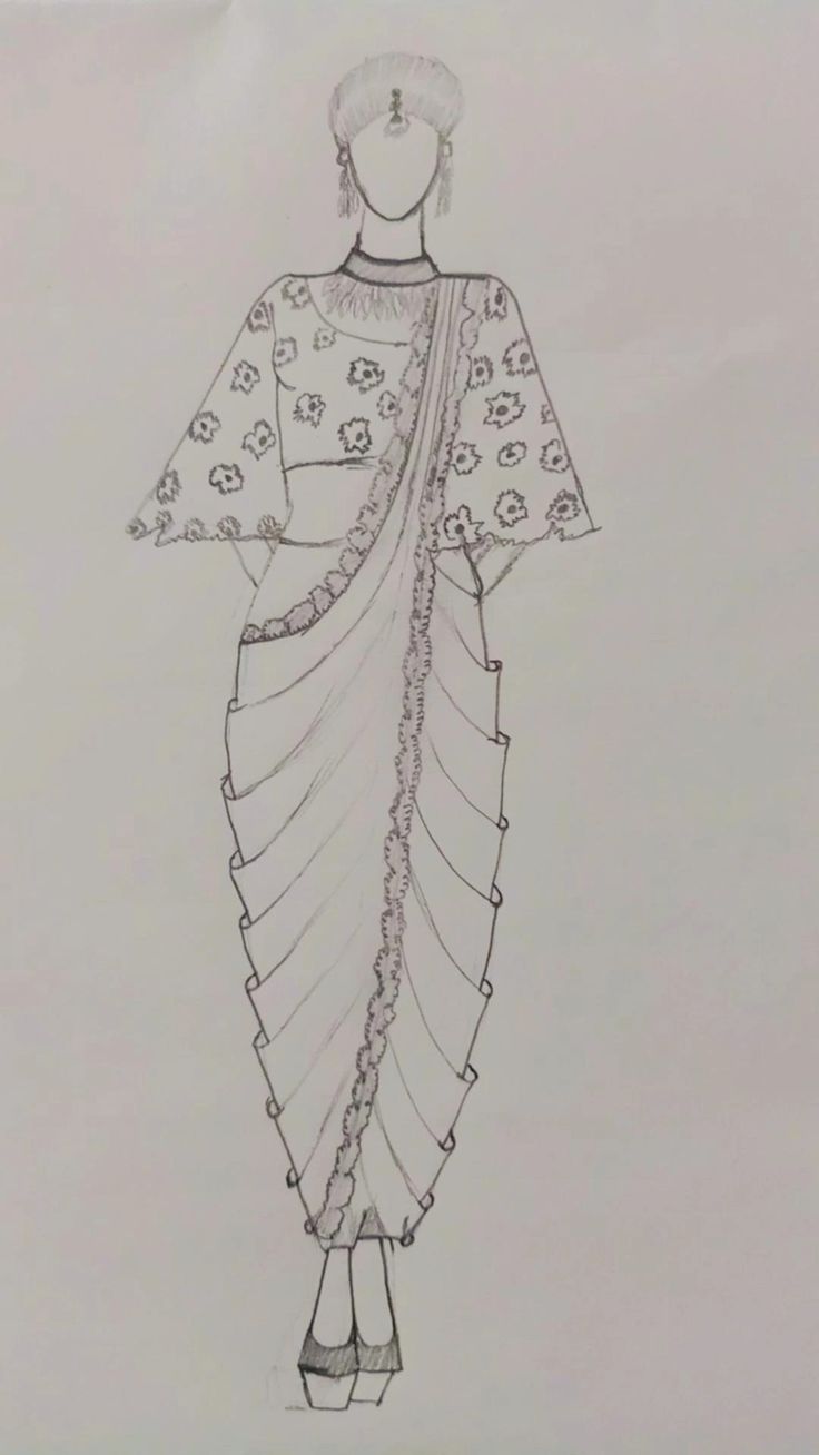 a drawing of a woman's dress in black and white with flowers on it