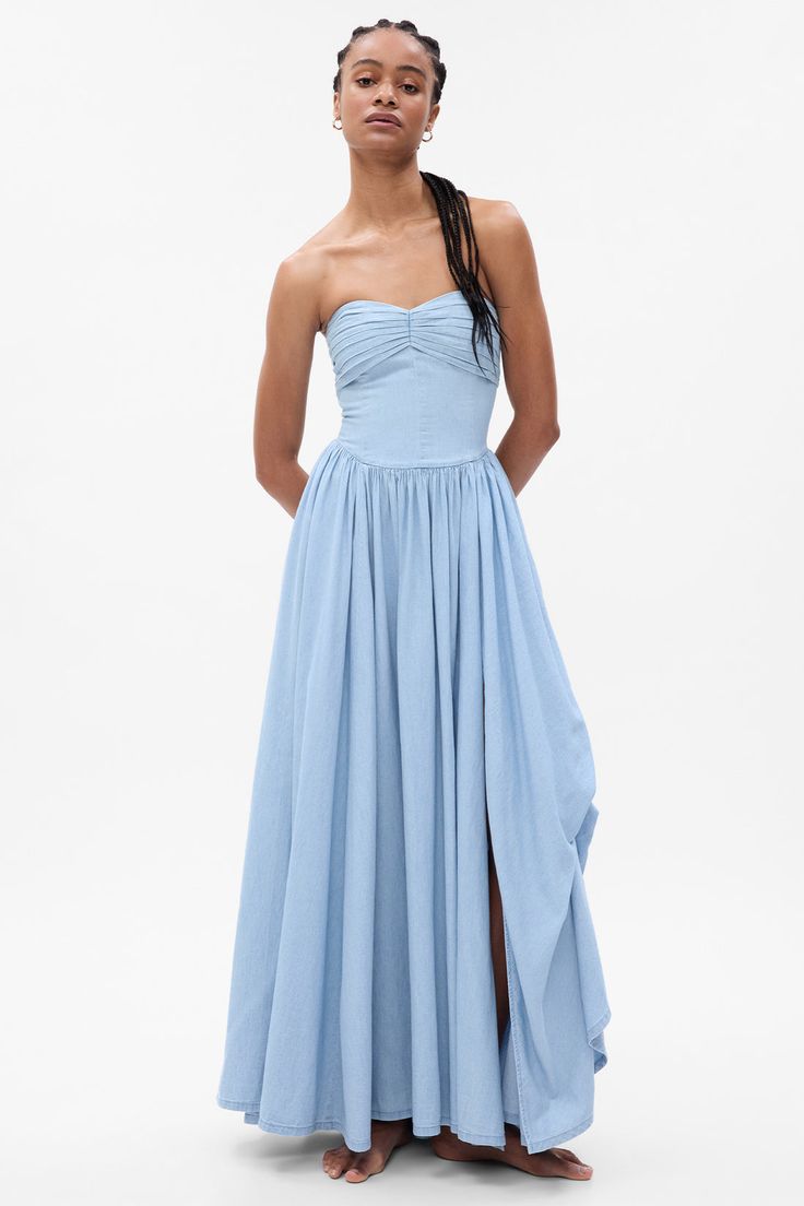 Blue Ruffle Maxi Dress, Maxi Tiered Dress, Prom Dress Tiered, Blue Wedding Guest Dresses, Summer Bridesmaid Dresses, Soiree Dress, Cinderella Wedding, Denim Maxi Dress, Ruffle Maxi Dress