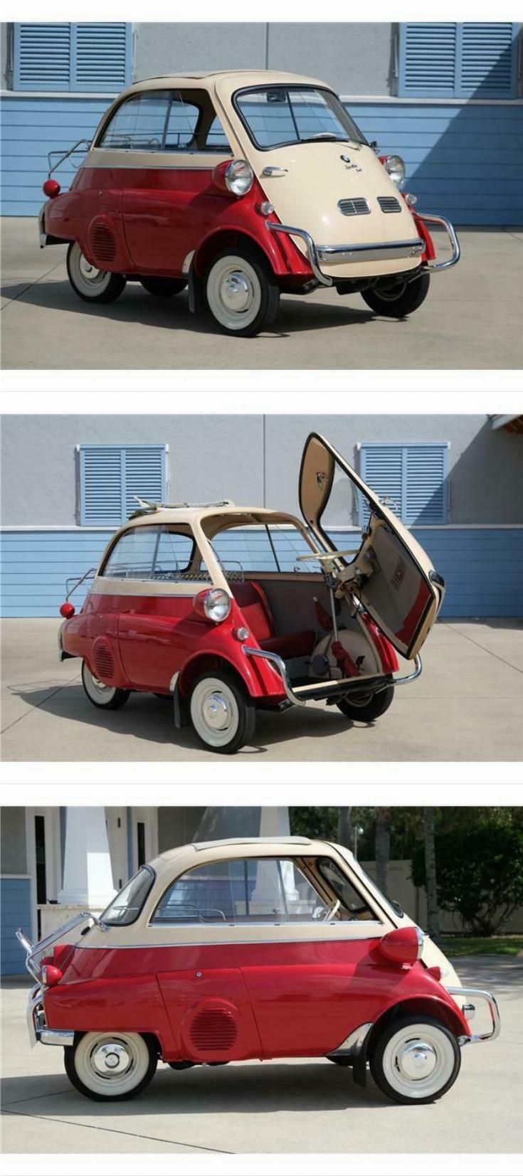 three different pictures of an old car with the doors open