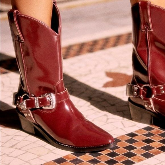 Freepeople X Heiress Cowgirl Boots In A Gorgeous Deep Burgundy Leather With Silver Hardware. New Without Box.