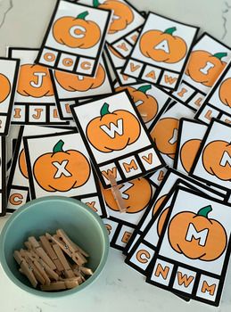 pumpkin themed alphabet match up cards for preschool to practice the letter m and matching letters