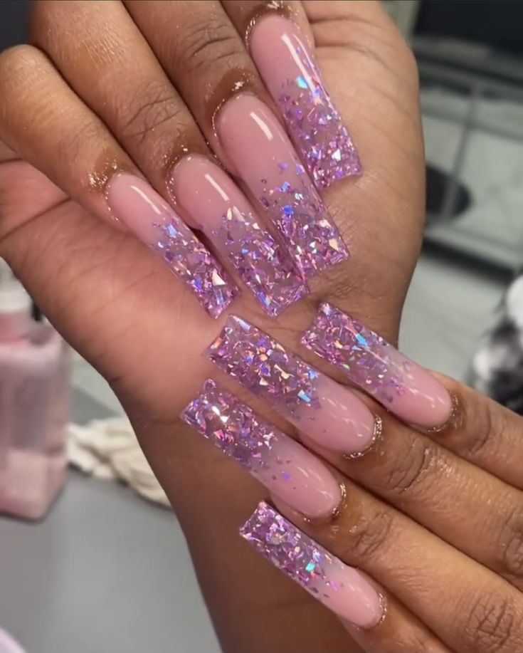 Pink Glitter Nails With Gems, Rhinestones On Ombre Nails, Glitter Bling Nails, Medium Glitter Nails, Sparkle Ombre Nails Square, Purple Ombre Glitter Nails, Glitter Ombre Nails Square, Thick Glitter Acrylic Nails, Spring Bling Nails