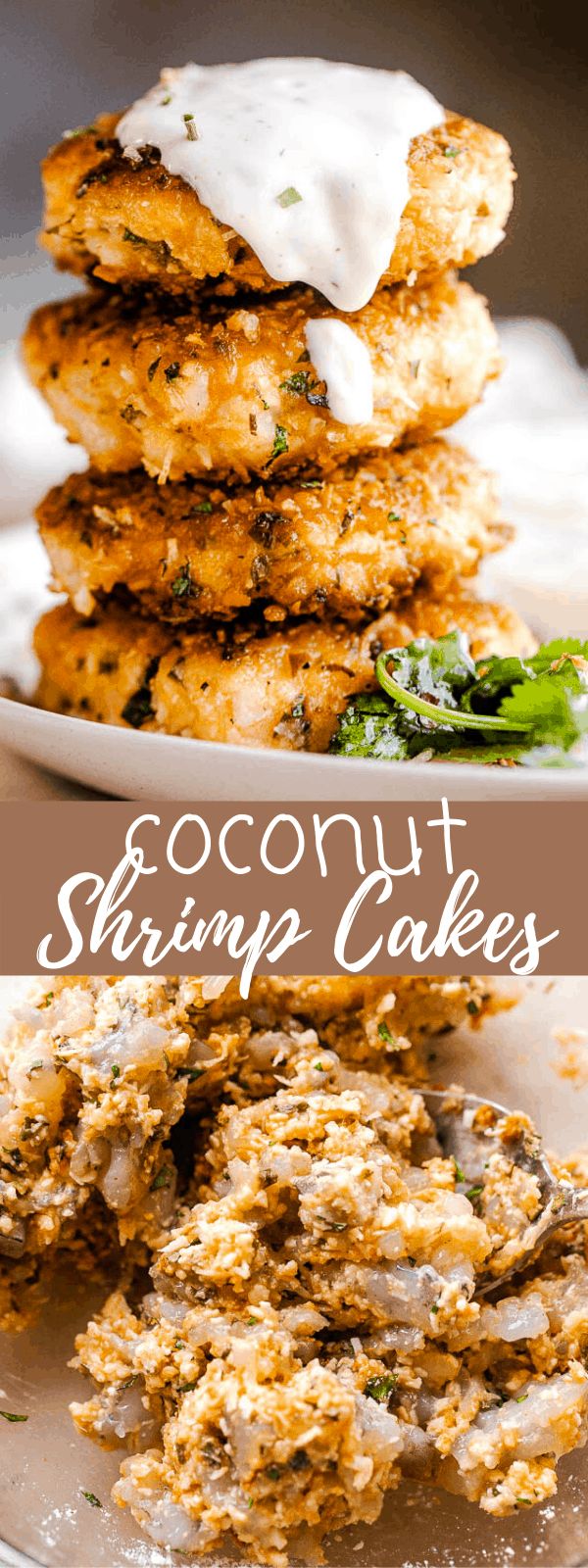 coconut shrimp cakes are stacked on top of each other