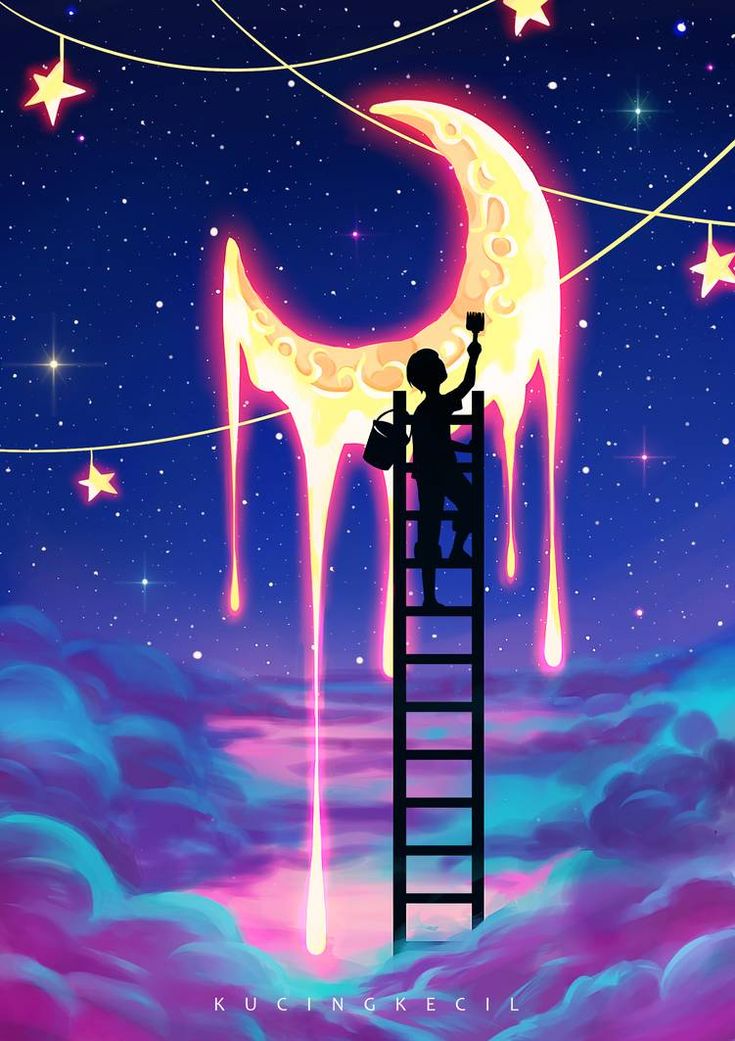 a man on a ladder reaching up to the moon with stars in the sky behind him