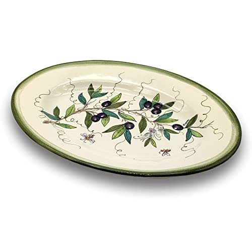 an oval platter with olives and leaves painted on it