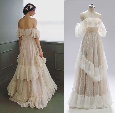 Fairy Prom Dresses Luulla, Beige Wedding Gown With Ruffles, Beige Ruffled Wedding Gown, Fitted Beige Ball Gown For Wedding, Beige Fitted Ball Gown For Wedding, Beige Floor-length Wedding Dress, Customizable Length Gown For Wedding And Prom, Beige Wedding Gown With Sweep Train, Polka Dot Wedding Dress