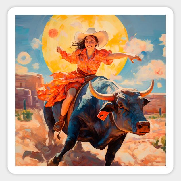 a painting of a woman riding on the back of a bull