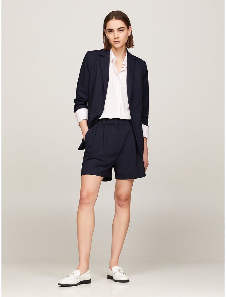 Tommy Hilfiger women's short. For a polished warm-weather look, our wide-leg pleated chinos offer clean, tailored lines.  Material: 66% Recycled Polyester (rpe). Classic Bermuda Shorts For Workwear, Classic Formal Shorts For Spring, Formal Classic Shorts For Spring, Elegant Business Casual Shorts For Spring, Elegant Business Casual Spring Shorts, Classic Shorts With Welt Pockets For Spring, Tailored Classic Shorts For Business Casual, Classic Tailored Shorts For Business Casual, Wide Leg Pleated Shorts For Workwear