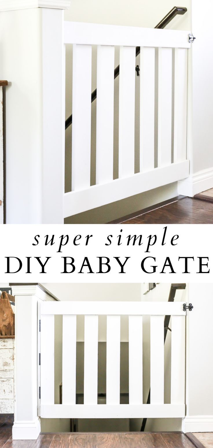 Simple white wooden DIY baby gate How To Make A Dog Gate For Stairs, Diy Indoor Gate Ideas, Half Door Diy, Diy Pet Gate For Stairs, Diy Gate For Dogs, Dog Gates For Stairs Diy, Diy Half Door Ideas, Wooden Gate For Stairs, Gate For Bottom Of Stairs