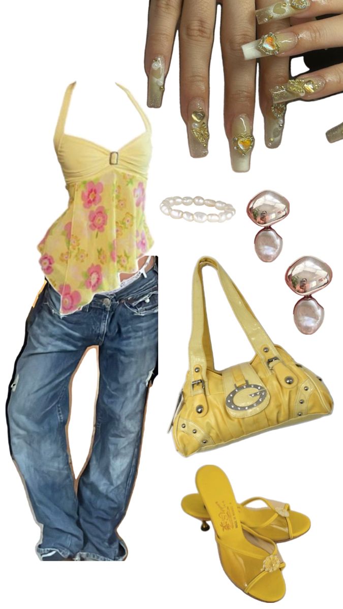 a woman's outfit and accessories including shoes, bracelets, handbag and purse