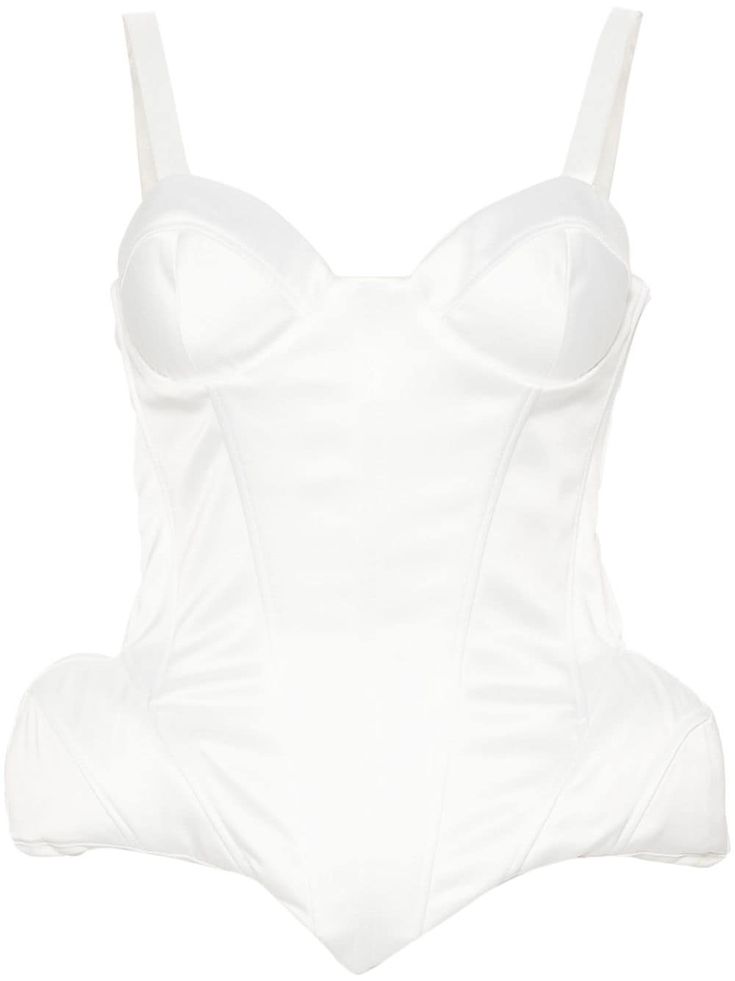 white satin finish bustier-style neckline boned bodice built-in cups bra rear hook and eye fastening sleeveless padded hips curved hem White Underbust Bodice With Built-in Bra, White Corset With Built-in Bra And Tank Straps, White Strapless Corset Dress With Built-in Bra, Sleeveless Corset With Built-in Bra And Fitted Bodice, White Underbust Corset With Built-in Bra, Sleeveless Satin Corset With Built-in Bra, Satin Corset Dress With Underwire, Satin Underwire Corset With Fitted Bodice, Fitted Bodice Underwire Corset With Boning