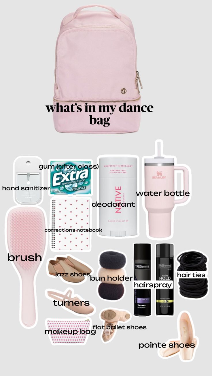 the contents of a pink backpack and its contents are labeled in black text, which reads what's in my dance bag