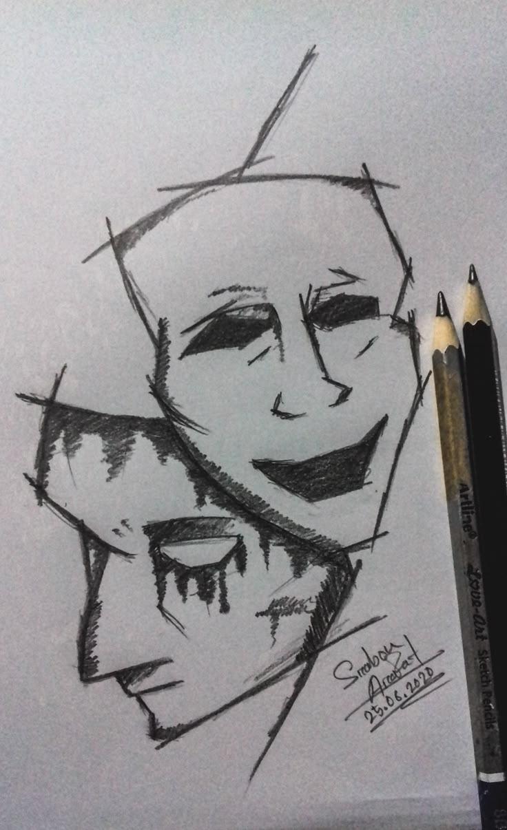 a pencil drawing of two faces with one smiling and the other looking at the camera