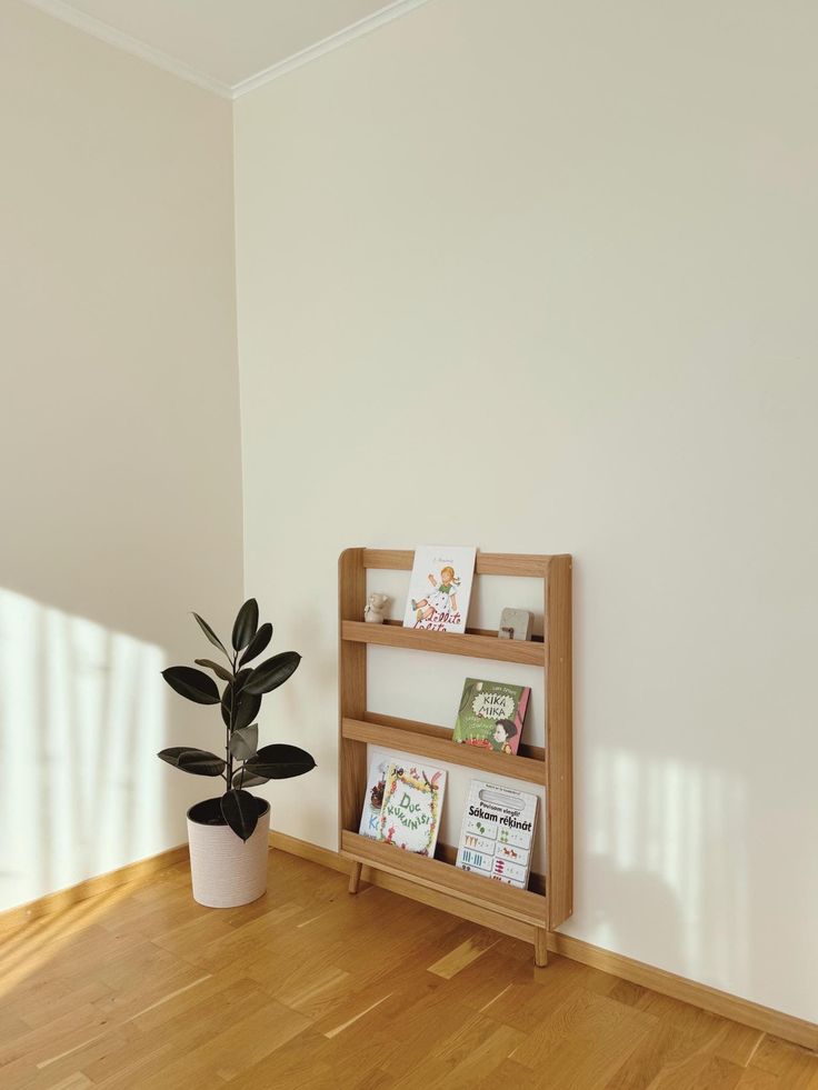 there is a book shelf with books on it and a potted plant next to it