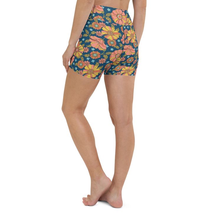 High-performance biker short swim bottoms from Berry Jane retro collection. Chlorine resistant, UPF 50+ protection. High-rise waist with a vibrant print for a look that's ready for the beach. • 82% polyester, 18% spandex • 4-way stretch fabric • Comfortable high waistband • Triangle-shaped gusset crotch • Flat seam and coverstitch Coverage: Biker short coverage Rise: High-waisted rise Inseam: 5.5" Inseam Outseam: 14" Outseam Print: Retro 70s Floral All-over print Size guide WAIST (inches) HIPS ( High Waist Biker Shorts With Built-in Shorts For Beach, Beach Floral Print Stretch Shorts, Stretch Floral Print Shorts For Beach, Stretch Floral Print Beach Shorts, Retro Swim Trunks With Built-in Shorts, Green Stretch Surfing Shorts, Fitted Short-length Swimwear For Surfing, Fitted Short Length Swimwear For Surfing, Fitted Surfing Shorts For Summer