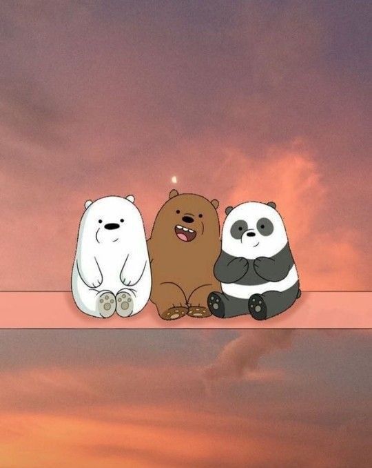 three bears sitting on top of each other in front of a sunset and some clouds