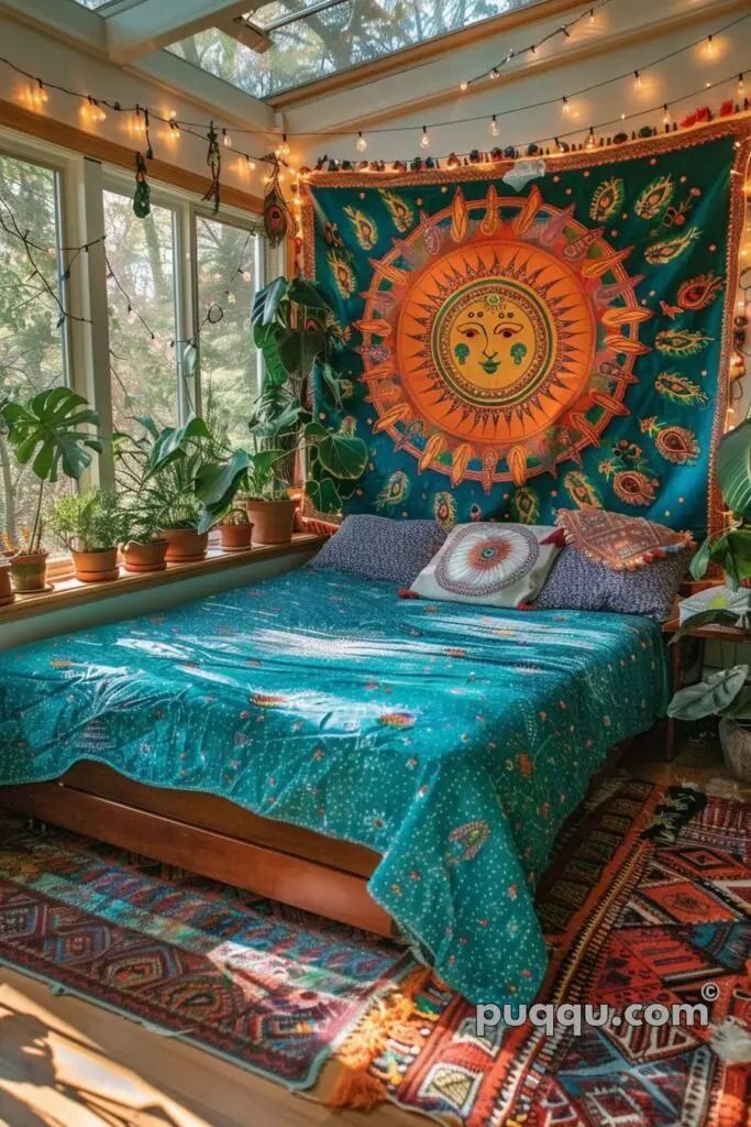 a room with a bed covered in a colorful blanket and potted plants on the windowsill