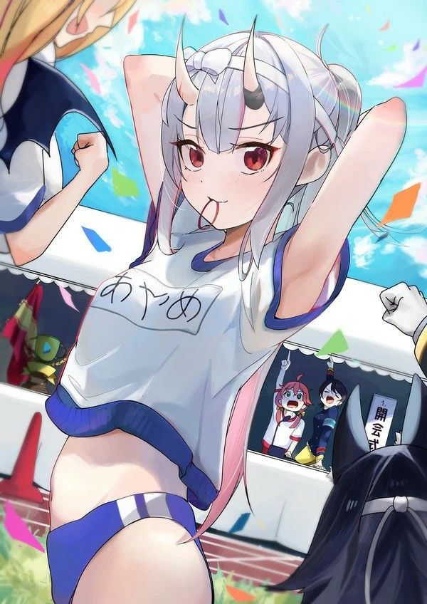 an anime character with white hair and red eyes is posing in front of a crowd