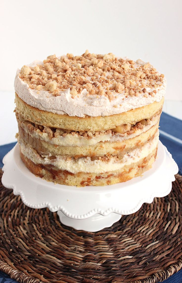 a cake sitting on top of a wicker basket next to a blue table cloth