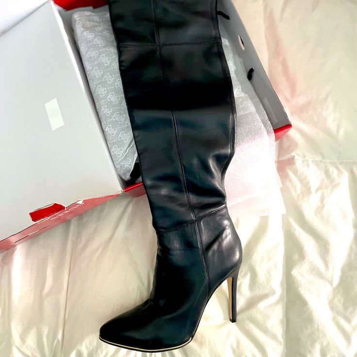 Basically Brand New. Worn Once As Part Of Halloween Costume (See Photo), Otherwise Been Stored In Original Box / Packaging. Size 8.5 Black Leather Light Mark On Each Heel (Can’t See Them; See Photo) No Other Marks, Scuffs, Etc Other Than Wear On Shoe Bottoms Gorgeous Boots! Don’t Fit Me Anymore :( Black Over The Knee Medium Width Heeled Boots, Fitted Knee-high Boots With 4-inch Heel, Knee-high Fitted Boots With 4-inch Heel, Fitted Knee-high Heeled Boots With 4-inch Heel, Wide Calf Almond Toe Knee-high Boots For Party, Black Almond Toe Knee-high Boots For Party, Wide Calf Knee-high Boots With Almond Toe For Party, Black Over-the-knee Boots For Formal Occasions, Black Over-the-knee Formal Boots