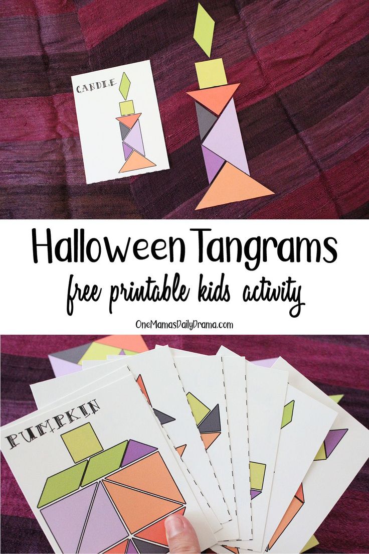 Halloween tangrams are a fun fall kids activity to do at home or in the classroom. Build eight festive pictures from printable challenge cards. Fall Tangram Printable Free, Halloween Tangrams Free, Halloween Building Activities, Preschool Halloween Activities Crafts, Halloween Tangrams, Halloween Math Activities Kindergarten, Halloween Math Stations, Halloween Preschool Activities, Halloween Stations