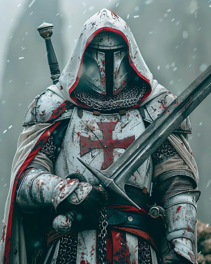 a knight in full armor holding two swords