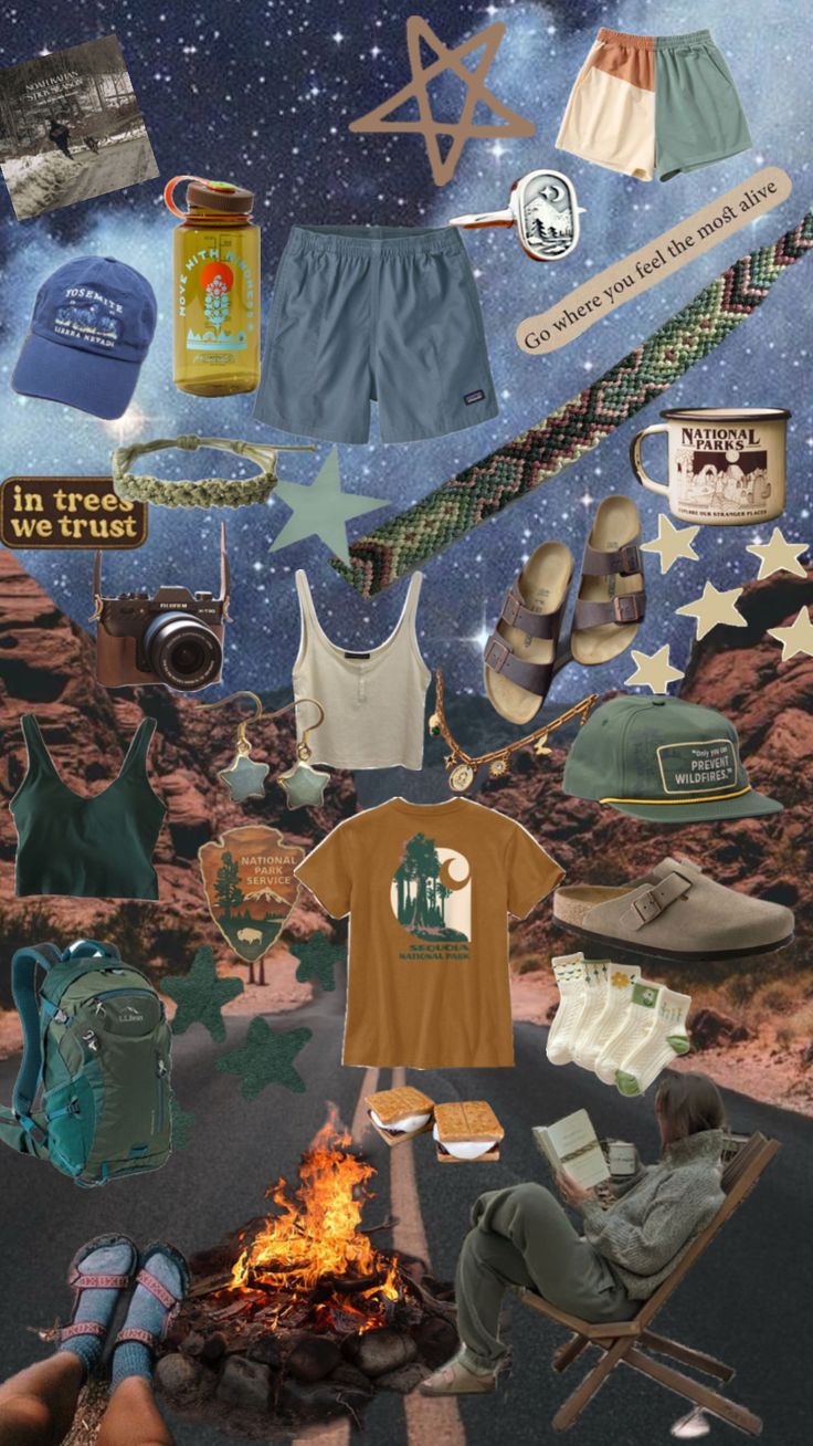 a collage of clothing and items floating in the air over a desert road with a campfire