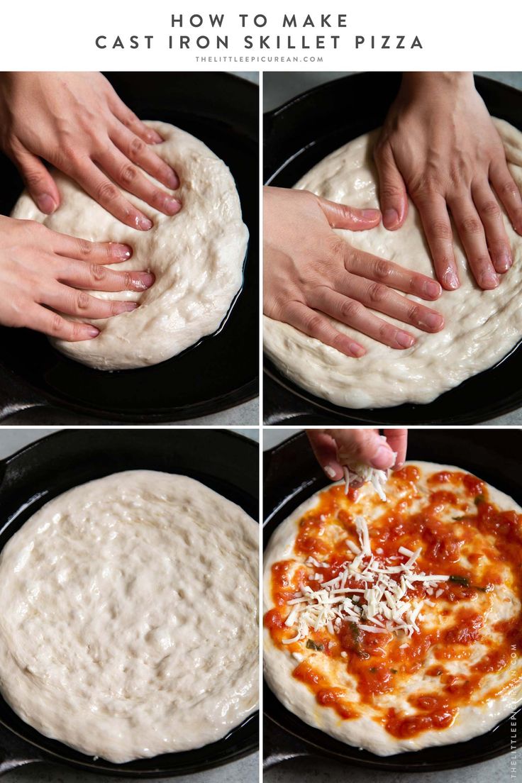 four photos showing how to make pizza dough in a cast iron skillet with cheese on top