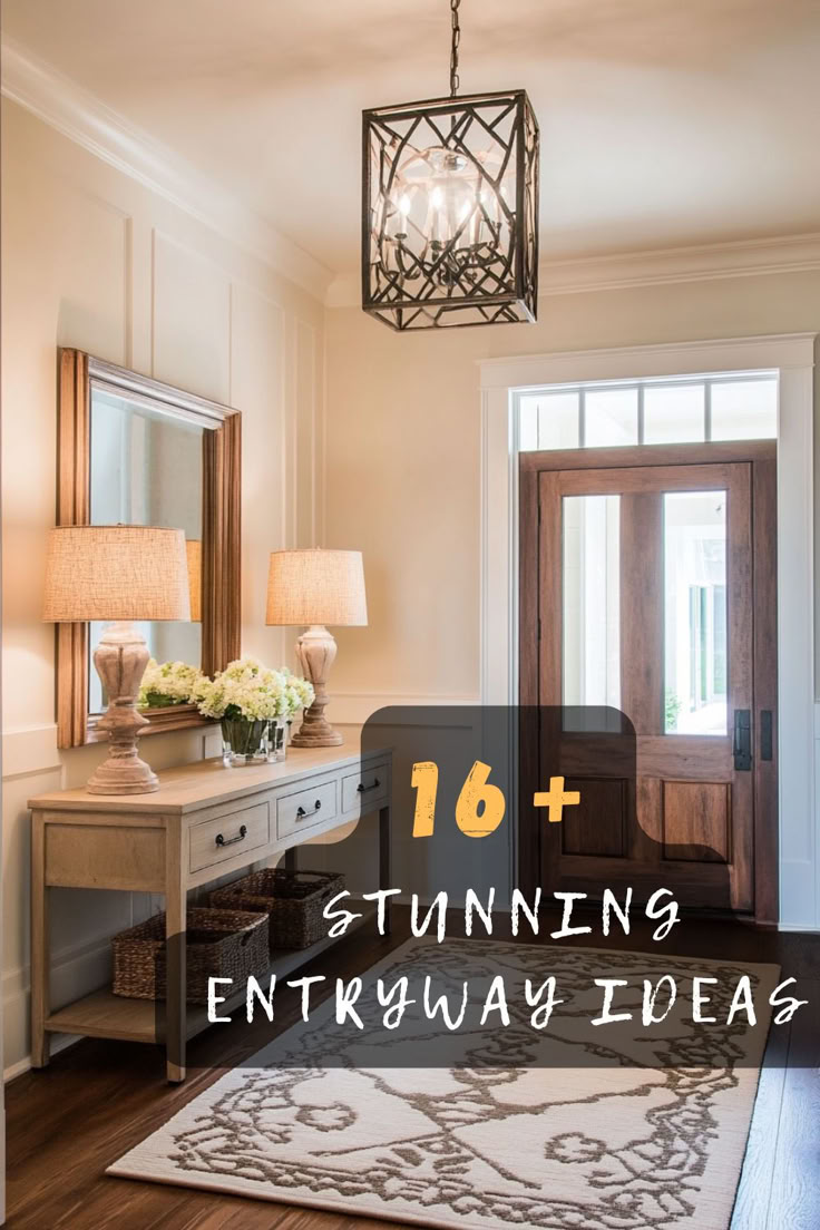 an entry way with a chandelier, mirror and rug on the wooden floor