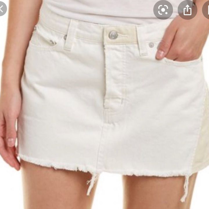 Free People White Denim Mini Skirt With Tan Accents On The Side Size 27 Nwot Chic White Denim Mini Skirt, White Cotton Mini Denim Skirt, White High-waisted Cotton Denim Skirt, White High Waist Cotton Denim Skirt, Chic White Cutoff Denim Skirt, Trendy White Mid-rise Denim Skirt, White Mini Denim Skirt With Pockets, White Denim Mini Skirt With Pockets, White Denim Mini Skirt With Frayed Hem