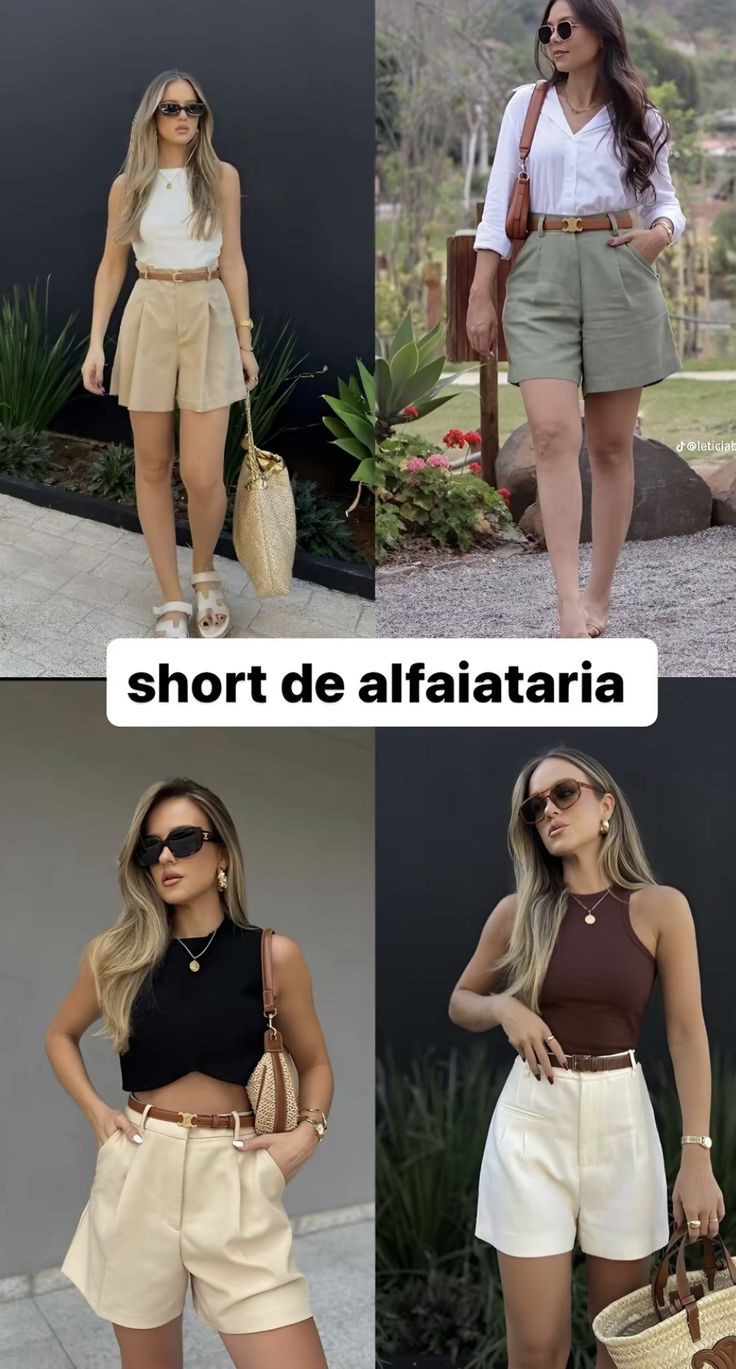 Beige Shorts Outfit Summer, Beige Shorts Outfits Women, Outfit Short Beige, Cream Shorts Outfit, Beige Shorts Outfit, Safari Outfit Women, Classic Style Outfits, Shorts Outfits Women, Summer Shorts Outfits