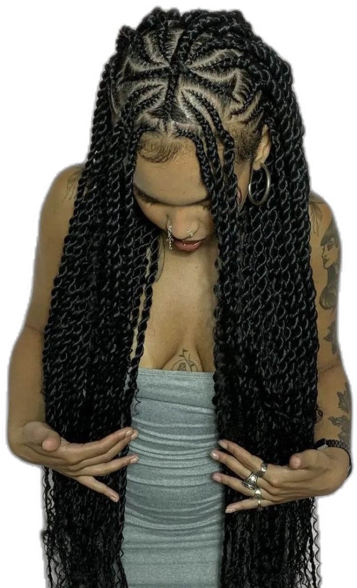 Goddess Braid Cornrows, Braid Ideas For Black Women Cornrows, Unique Braids Black Women, Braided Hairstyles For Round Faces Black Women, Passion Twist With Cornrows, Cornrow Passion Twist, Cornrows To Twists, Brazilian Braids Hairstyles, Braids Designs For Black Women