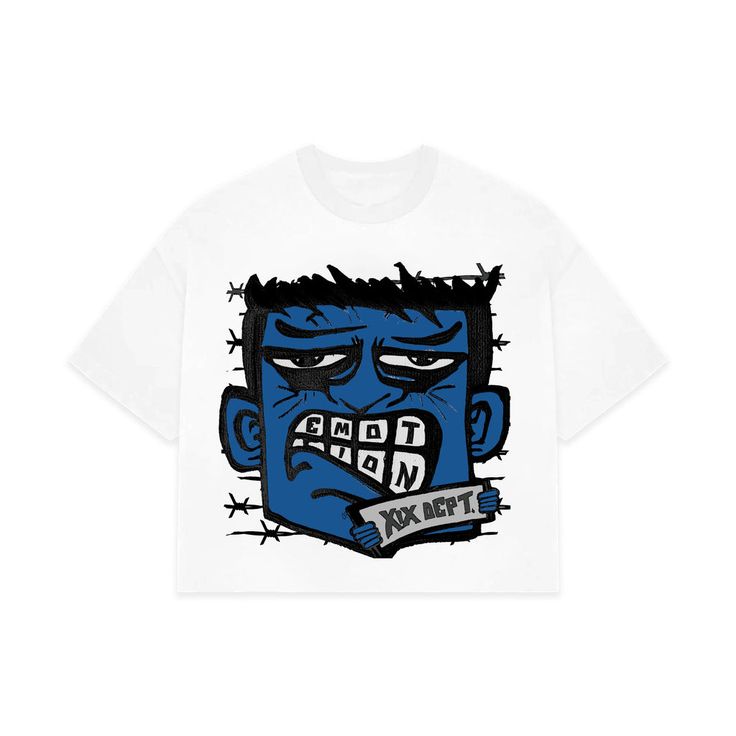 Graphic Tees Oversized, White And Blue Graphic Tee, Cartoon Graphic Tees, Tuff Fits, Tee Outfits, Cropped Tees, Blue Graphic Tee, Monster Pattern, Blue Monster