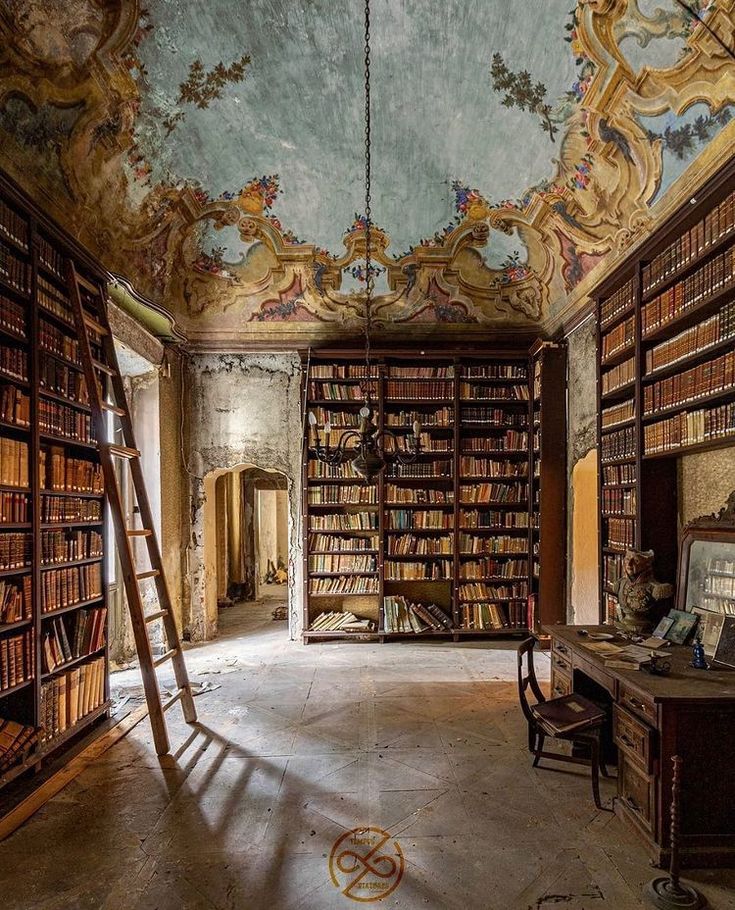 an old library with bookshelves and ladders in the middle, painted on the ceiling