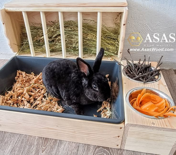 a small black rabbit sitting in a wooden crate filled with carrots and other food