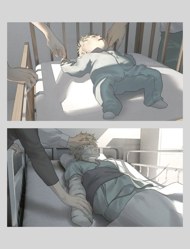 two pictures of a person laying in a hospital bed and another drawing of the same person