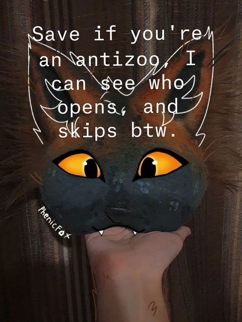 a hand holding up a black cat mask with an orange eyes and the words save if you're an antizoo, i can see who opens, and skips btw