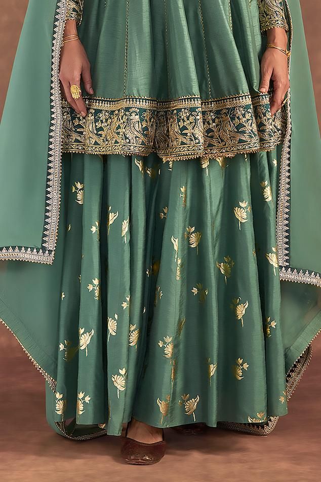 Moss green anarkali featuring round neckline and full sleeves, embellished with kinari. Paired with irisbud foil printed sharara and an organza dupatta., Fit: Relaxed Printed Sharara, Green Anarkali, Printed Dupatta, Desi Clothes, Sharara Set, Organza Dupatta, Women Kurta, Silk Dupatta, Print Placement