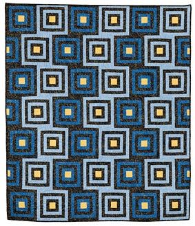 a blue, yellow and black rug with square shapes on the bottom in different colors