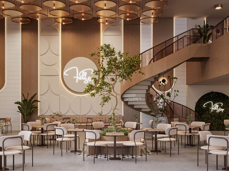 an empty restaurant with tables and chairs in front of a spiral staircase that leads up to the second floor