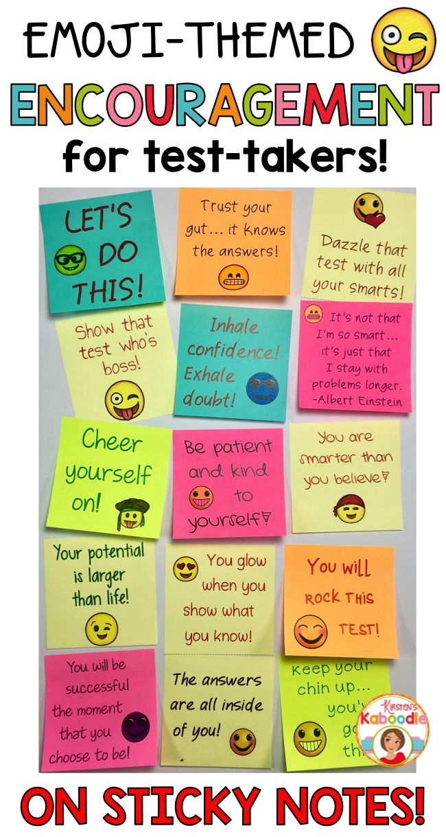 sticky notes with the words emot - themed encouragement for test takers