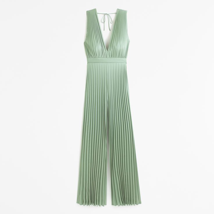 Flattering jumpsuit in our elevated satin fabric, featuring a plunging v-neckline, tie-back detail and all-over pleating details. Pleated Jumpsuit, Satin Jumpsuit, Jumpsuit Elegant, Green Jumpsuit, Formal Event, Satin Fabric, Modern Woman, Jumpsuits For Women, Jumpsuit Dress