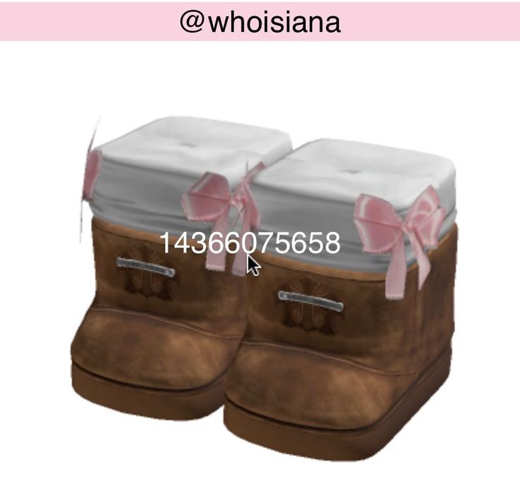 two brown boots with pink bows on the top and bottom, both have white blankets over them