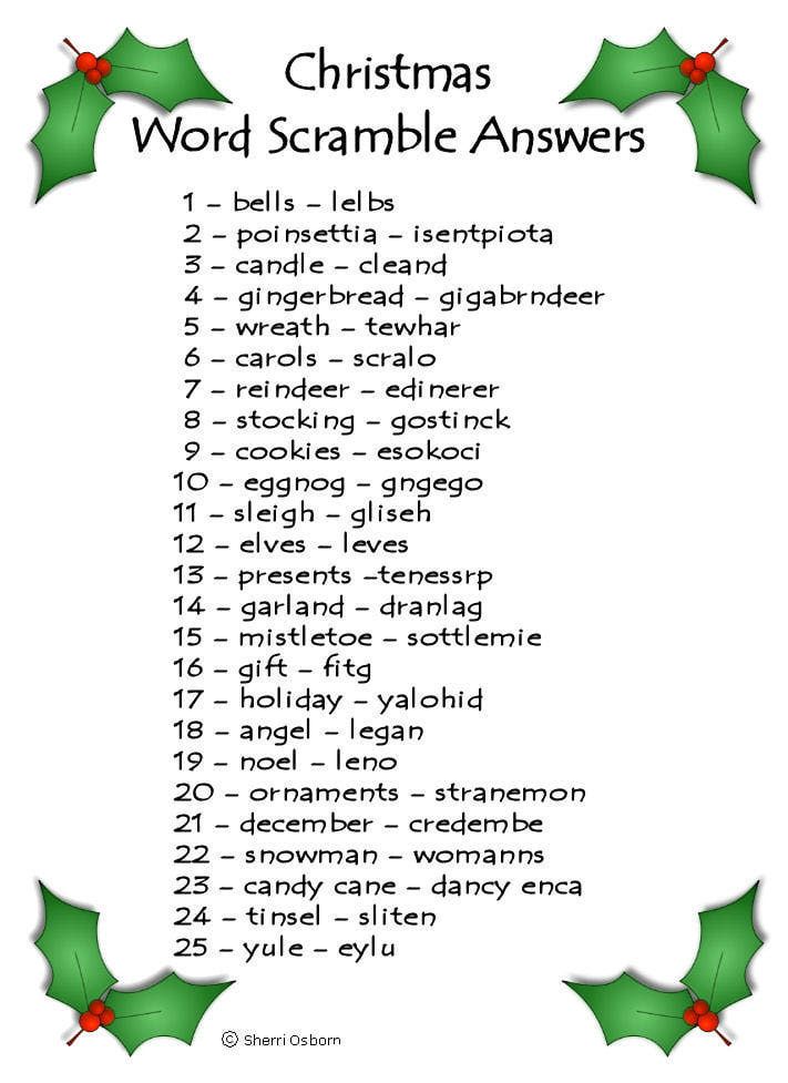 a christmas word scramble with holly leaves