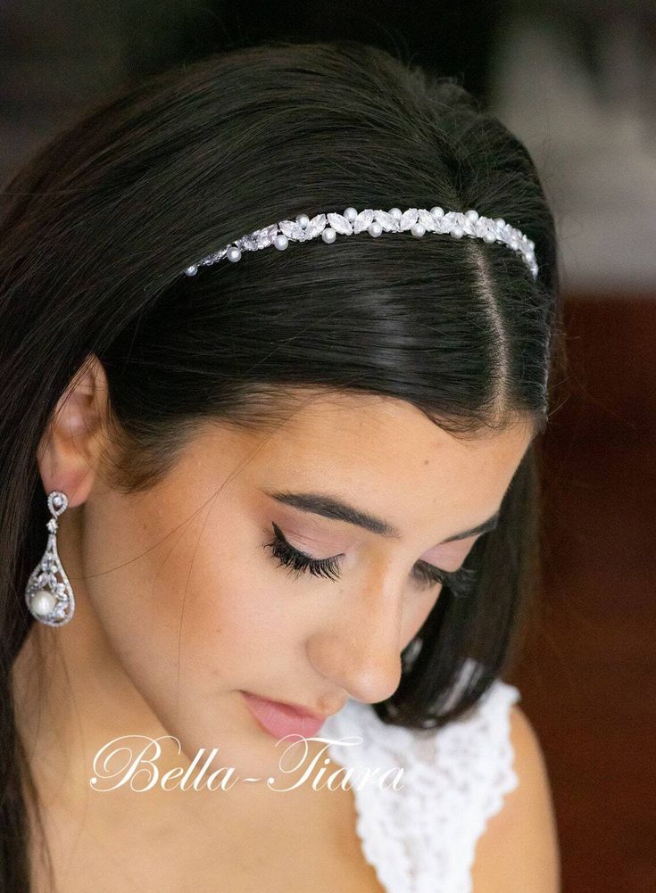 New to our collection, simple elegance, Swarovski Crystal and soft white pearls on silver headband approx 12" long with extended design down the band and two hoops on each end for bobby pins or ribbon. add our beautiful pearl earrings sold seperately **********************************************************Note processing time is not shipping time, our regular Free shipping takes approx. 5-6 days to receive after shipped.With rush processing your order is expedited and you will also be upgraded Diamond Headband Wedding, Deb Ball, Pearl Wedding Headband, Hairband Hairstyle, Bridal Hairband, Cute Bun Hairstyles, Pearl Headband Wedding, Wedding Bun, Bridesmaid Headband