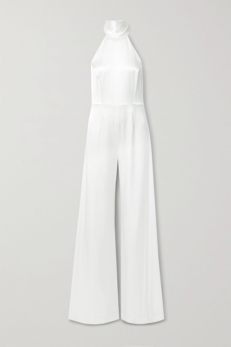 Galvan's 'Sienna' jumpsuit is designed for brides that want to feel elegant and timeless on their big day, or any of the events leading up to it. Tailored from lustrous white satin, it has a high halter neck with sweeping, adjustable ties and falls to flowy wide legs. Finish off the look with tonal accessories. All White Birthday Party Outfit, Elegant Fitted Jumpsuit For Wedding, Elegant Fitted Jumpsuit For Wedding Guest, Elegant Full-length Wedding Pantsuit, Elegant Full-length Pantsuit For Wedding, Elegant Fitted Jumpsuits And Rompers For Wedding, Elegant Sleeveless Jumpsuit For Wedding, Elegant Sleeveless Wedding Pantsuit, Elegant Sleeveless Jumpsuits And Rompers For Wedding