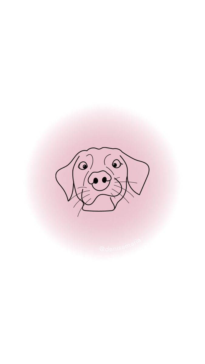 a black and white drawing of a dog's face on a light pink background