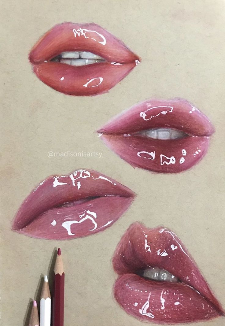 three different lips drawn with colored pencils